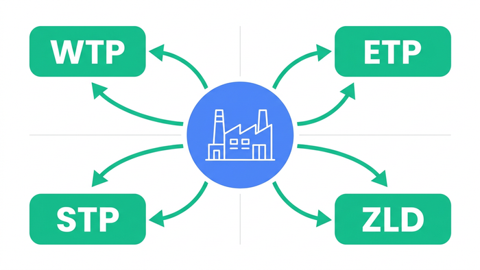 Hub-and-spoke diagram showing a central factory connected to four labeled solution nodes: WTP, ETP, STP, and ZLD with circular arrows