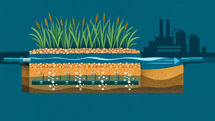 Cross-section flat illustration of an aerated constructed wetland system treating industrial wastewater with substrate layers, aeration pipes, and native wetland vegetation