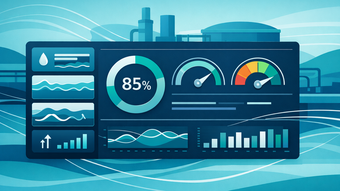 Flat illustration of a digital monitoring dashboard showing real-time ZLD system performance metrics including water recovery rates and compliance indicators