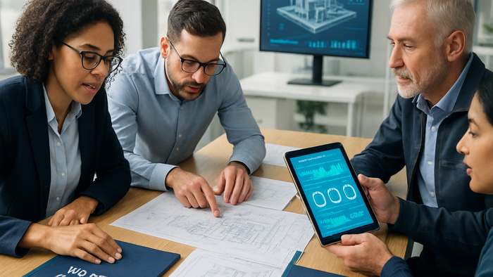 Diverse team of engineers and facility managers collaborating over technical drawings and digital monitoring dashboards in modern office, planning zero liquid discharge system implementation