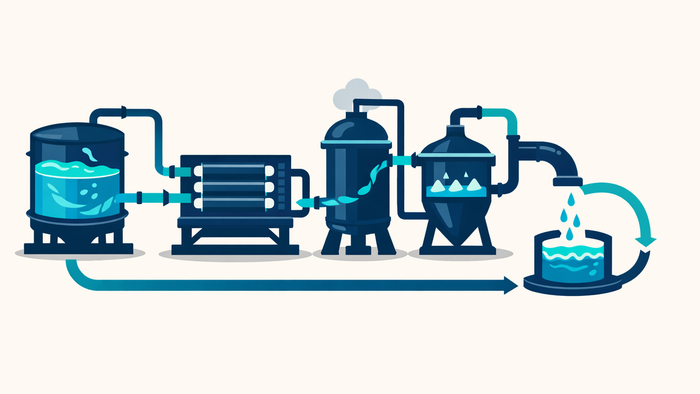 Clean flat illustration of a zero liquid discharge closed-loop water treatment process cycle in an industrial setting