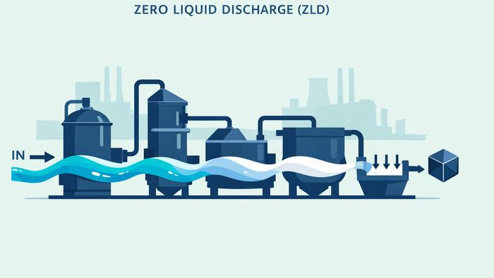 Flat illustration of a Zero Liquid Discharge system converting industrial wastewater into solid residue with no liquid output