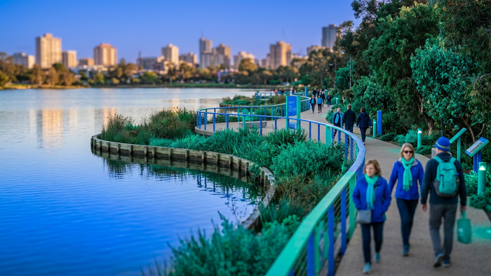Restored urban lake with constructed wetland edges and people walking along a green promenade with city buildings in the background