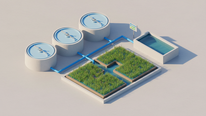 Isometric industrial wastewater treatment campus with mechanical tanks, constructed wetland beds, and reuse storage connected by blue pipelines