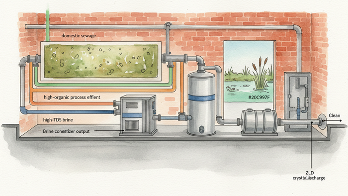 Watercolor cross-section of an industrial wastewater treatment train with color-coded streams flowing through reactors, membranes, brine concentrator, crystallizer, and a small constructed wetland