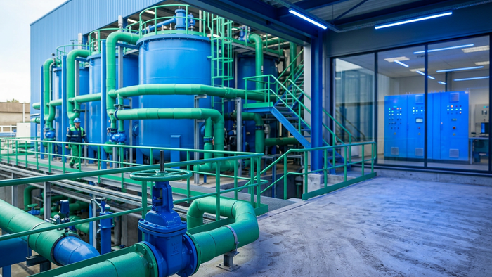 Editorial photograph of a modern industrial water treatment facility showing tanks, pipes, and control systems