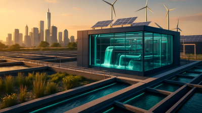 Futuristic water treatment facility with solar panels and constructed wetlands at sunset, showcasing sustainable technology and nature-based solutions