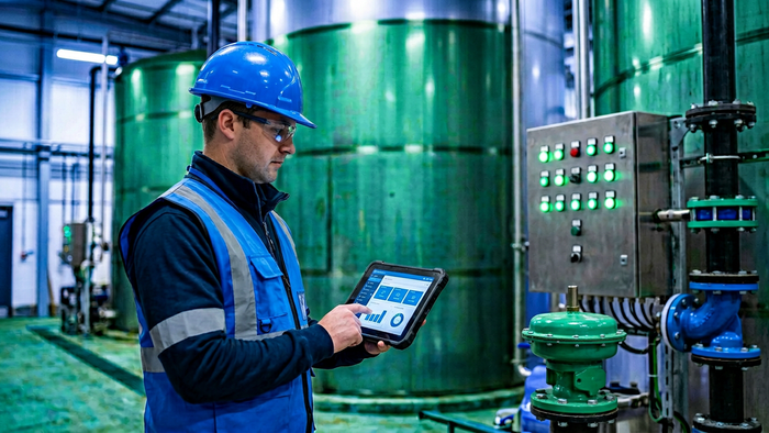 Industrial technician inspecting anaerobic digesters and biogas equipment inside a clean wastewater treatment facility