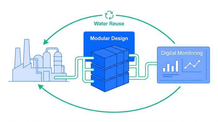 Flat isometric-feel illustration of an industrial site showing modular ETP units, a digital monitoring dashboard overlay, and water reuse loop arrows