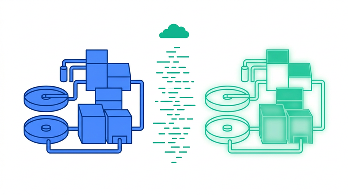 Split-screen flat illustration showing a physical wastewater treatment plant on the left mirrored by a glowing digital twin on the right, connected by data lines to a cloud
