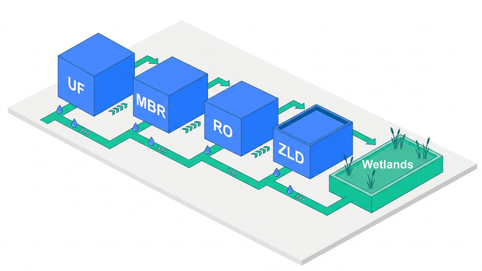Flat isometric illustration of a hybrid industrial water treatment plant with labeled RO, UF, MBR, ZLD, and wetland modules connected by flow arrows