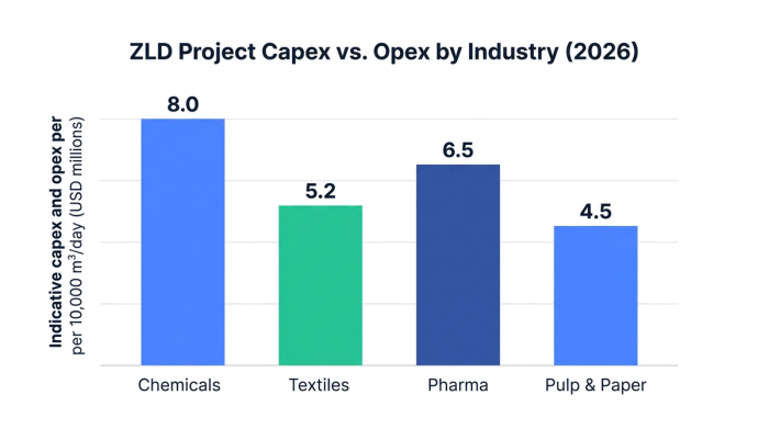 Bar chart showing zld project capex vs. opex by industry (2026) — data visualization for indicative capex and opex per 10,000 m³/day (usd millions)