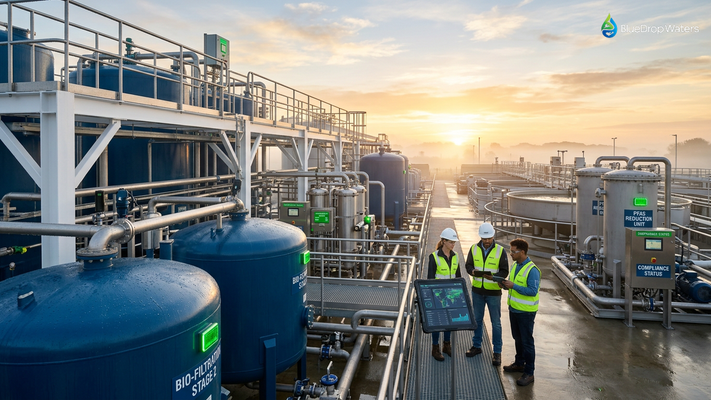 Modern water treatment facility with advanced PFAS removal systems at sunrise, showing industrial purification tanks and water quality professionals reviewing compliance data