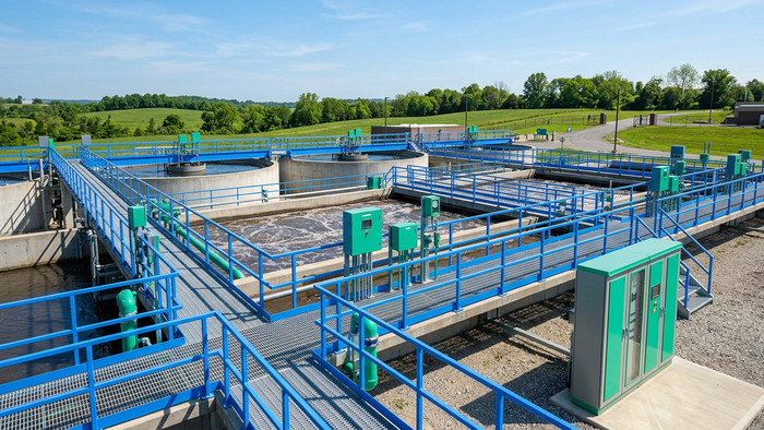 Wide-angle view of a modern water treatment plant exterior showing tanks, pipes, walkways, and instrument panels under clear daylight