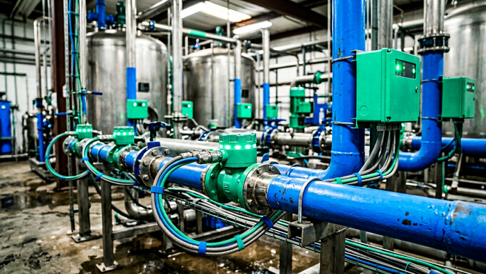 Editorial photograph of industrial water treatment pipework and tanks with inline IoT sensors and indicator lights mounted on equipment