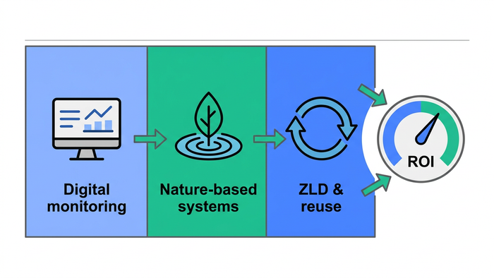 Three-panel illustration showing digital monitoring, nature-based wetland system, and ZLD reuse technology feeding into a central ROI gauge