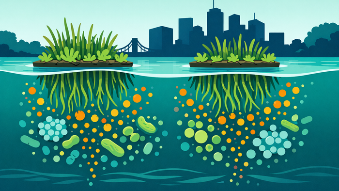 Flat illustration of a bioremediation ecosystem in an urban lake showing floating wetlands, microbial activity below the waterline, and pollutant breakdown in teal and green tones