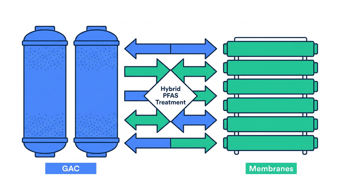 Split-screen flat illustration comparing GAC vessels and membrane modules with hybrid flow arrows between them