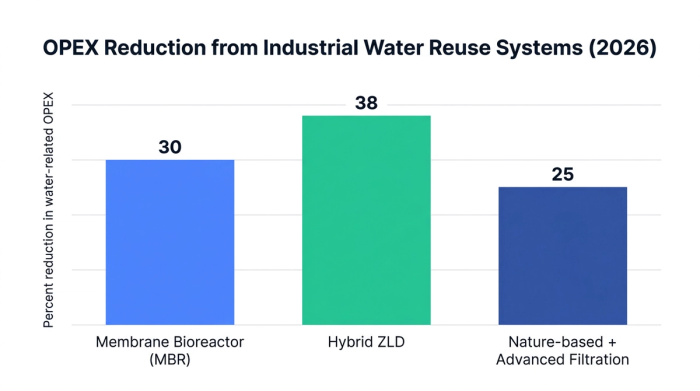 Bar chart showing opex reduction from industrial water reuse systems (2026) , data visualization for percent reduction in water-related opex