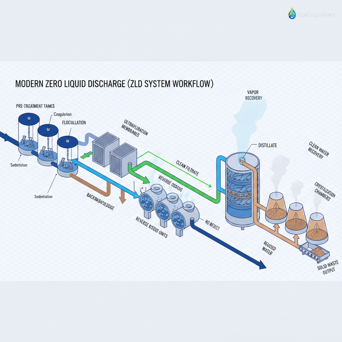 Technical diagram showing Zero Liquid Discharge system components and process flow from wastewater treatment through water recovery to solid waste output