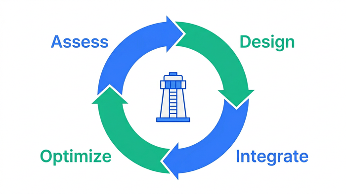 Flat circular four-step diagram illustrating the ADIO framework — Assess, Design, Integrate, Optimize — for transforming a wastewater plant into a circular hub