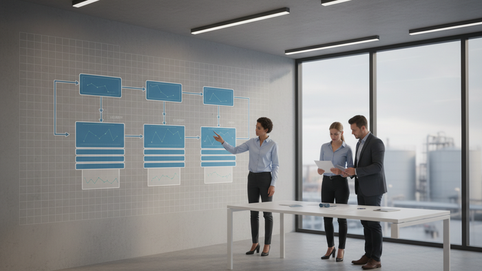 Engineers in a modern office reviewing a five-layer wastewater treatment flow diagram on a wall display
