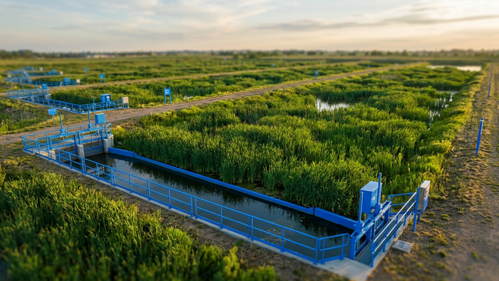 Aerial view of a modern engineered constructed wetland facility with multiple rectangular treatment cells and dense emergent vegetation