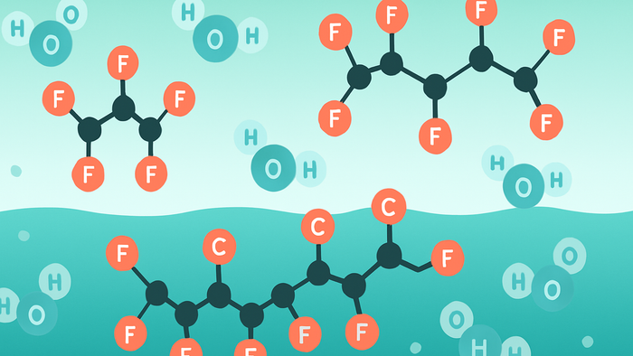 Illustrated diagram showing PFAS forever chemical molecular structures floating in water, highlighting their persistent carbon-fluorine bonds