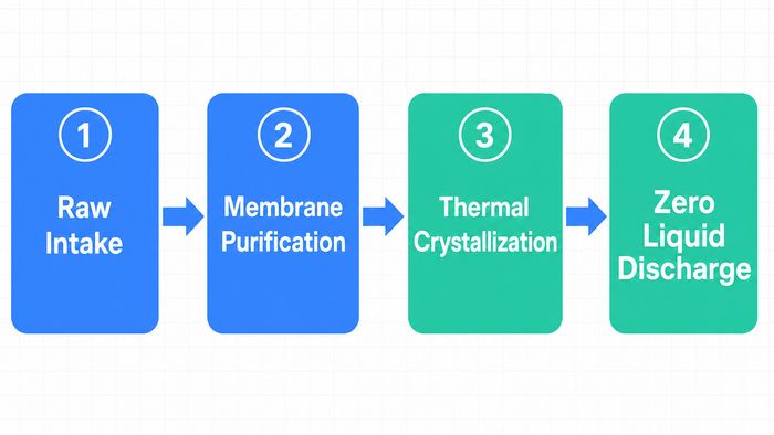 A four-step flow diagram showing wastewater moving through purification, biological treatment, membrane filtration, and thermal evaporation.