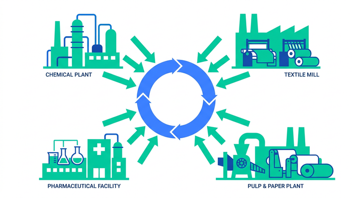 Flat illustration of four industrial sectors — chemical, textile, pharma, and pulp and paper — connected to a central water recycling hub