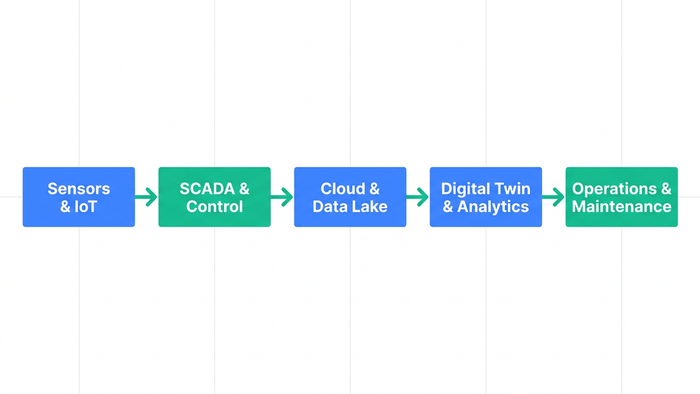 Left-to-right block diagram showing data flow from sensors through SCADA, cloud, digital twin analytics, to operations and maintenance teams