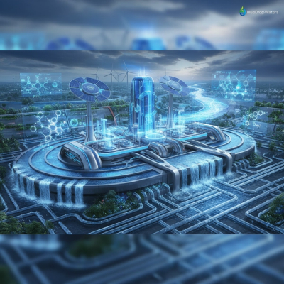 Futuristic digital illustration of advanced water treatment technology with high-tech facilities and sustainable energy sources.