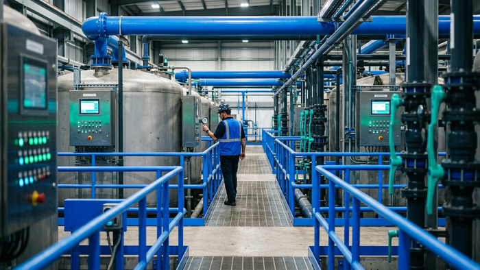 Interior of an industrial water treatment plant showing tanks, pipes, and control panels with monitoring equipment