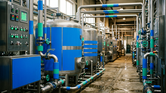 Interior of a modern food and beverage plant utility area showing tanks, pipes, and water treatment equipment