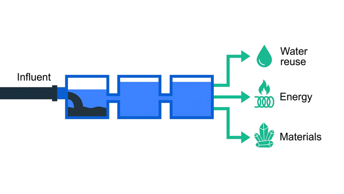 Flat illustration of an industrial wastewater treatment plant showing incoming waste stream and three outgoing resource streams: water, energy, and materials