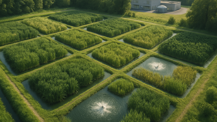 Aerial view of aerated constructed wetland with native plants and engineered water channels treating industrial wastewater naturally