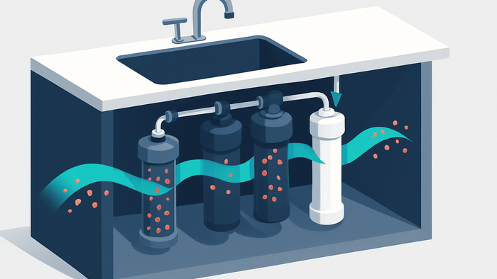 Isometric cutaway illustration of multi-stage home water filtration system showing how activated carbon and reverse osmosis remove PFAS chemicals