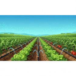 Illustration of lush farmland showcasing drip irrigation systems with vibrant crops.