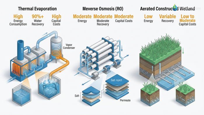 Technical comparison diagram of zero liquid discharge technologies including thermal evaporation, reverse osmosis membranes, and constructed wetlands with performance metrics and water flow visualization