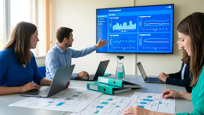 Engineers and sustainability professionals collaborating over water treatment data and diagrams in a meeting room