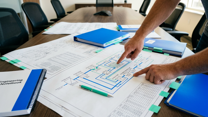 Overhead view of a conference table with technical water treatment drawings and hands of professionals pointing at diagrams