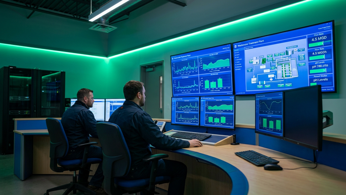 Wastewater plant control room with operators reviewing live process dashboards on large monitors