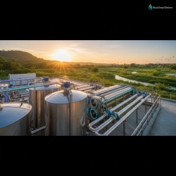 Modern zero liquid discharge water treatment facility with advanced membrane systems against a backdrop of thriving green landscape, representing net-zero water achievement and sustainable industrial solutions