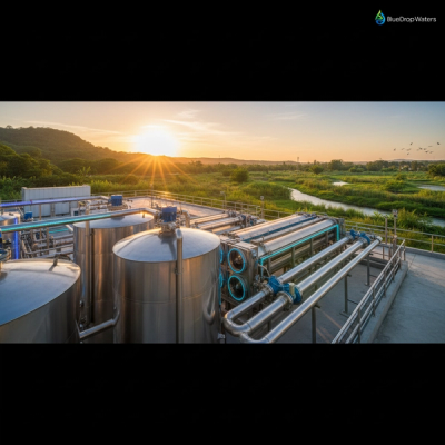 Modern zero liquid discharge water treatment facility with advanced membrane systems against a backdrop of thriving green landscape, representing net-zero water achievement and sustainable industrial solutions