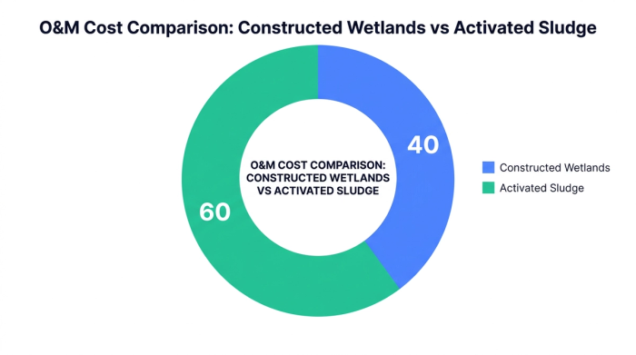 Pie chart showing o&m cost comparison: constructed wetlands vs activated sludge — data visualization for relative o&m cost (%)