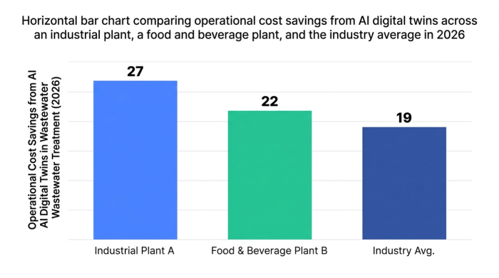 Bar chart showing horizontal bar chart comparing operational cost savings from ai digital twins across an industrial plant, a food and beverage plant, and the industry average in 2026 — data visualization for operational cost savings from ai digital twins in wastewater treatment (2026)