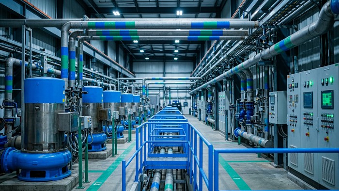 Editorial photograph of an industrial mechanical water treatment plant interior showing pumps, pipes, and control panels