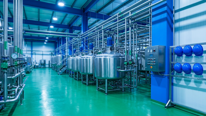Editorial photograph of a hygienic food and beverage processing plant floor with stainless steel tanks, piping, and a control panel area