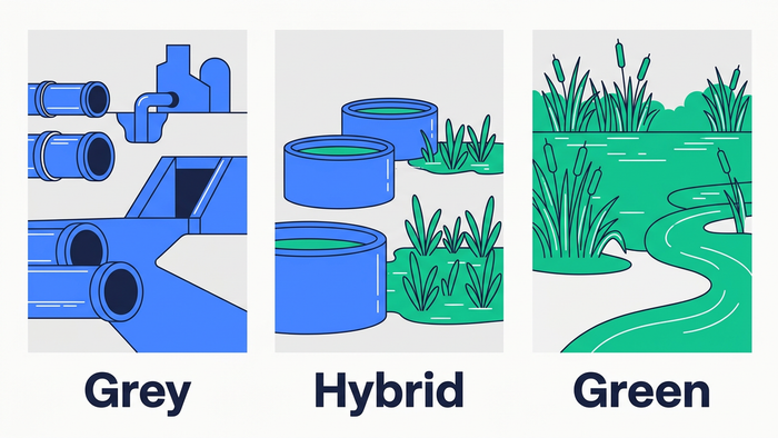 Three-panel illustration showing the spectrum from grey infrastructure to hybrid to green nature-based infrastructure