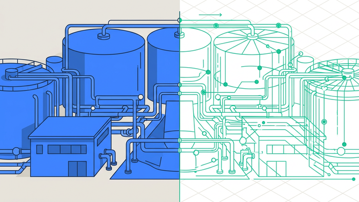 Split-view illustration showing a physical industrial water treatment plant on the left and its digital wireframe twin with data streams on the right